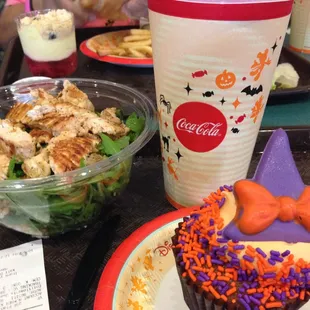Yummy chicken salad and Halloween themed cupcake!