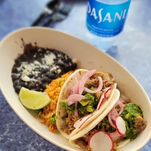 Pork Carnita Tacos with rice and beans