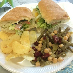 Veggie sandwich with three-bean salad and olive oil kettle chips