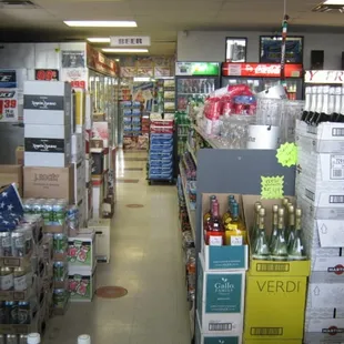 the aisle of a liquor store