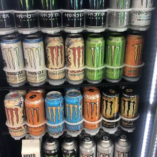 a display of monster energy drinks