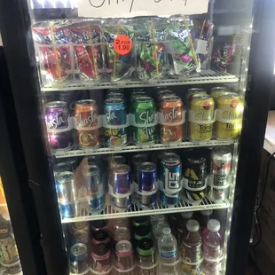 a display of sodas and drinks