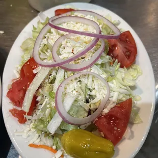 a plate of salad with pickles and tomatoes
