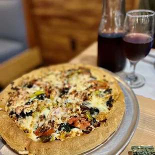 Mediterranean pizza and a 1/2 carafe wine