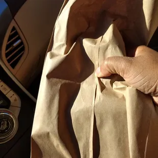 a hand holding a brown paper bag