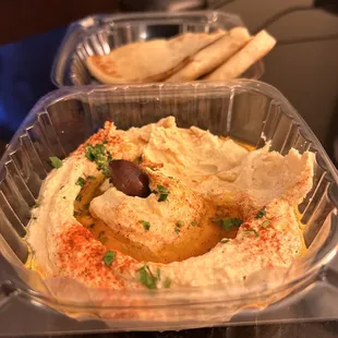 Hummus and pita bread.