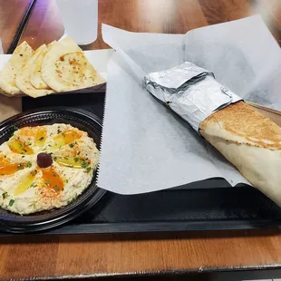 Chicken shawarma, Hummus, pita