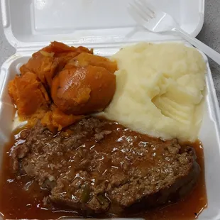 Today I decided to try the meatloaf mashed potatoes and candy yams I know I have enough