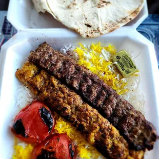 Beef and chicken koobideh combo with flatbread and rice