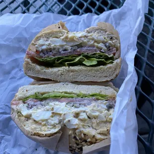 Egg salad on everything bagel warmed