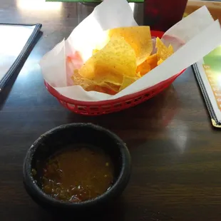 Chips and Salsa, they have one kind, a warm homemade red sauce, it's good!