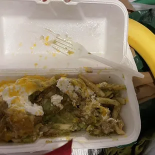 Chile verde fries supposedly with extra cheese. I paid for extra cheese. This was terrible. Literally less than 10 bites of food. $11.60