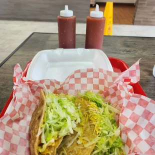 Beef taco on the left, chicken on the right.  Very good.  Great salsa too.