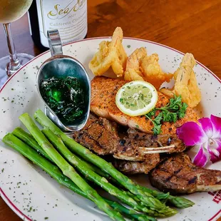 The Trio! New Zealand Lamb Chops, Atlantic Salmon, and Fried Shrimp.