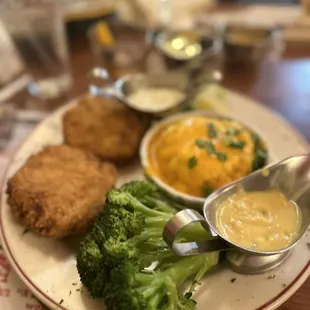 Crab Cakes, loaded potatoes and broccoli