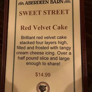 Red velvet cake menu special
