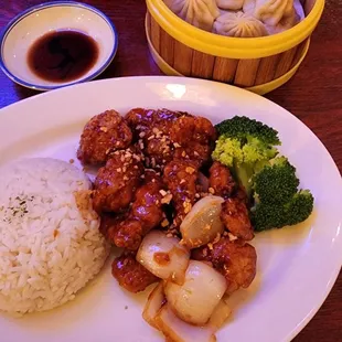 Honey garlic chicken and steamed soup dumplings