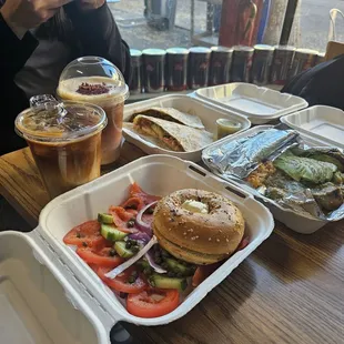 Salmon bagel, beef quesilldia,