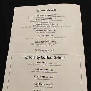 menu for specialty coffee drinks