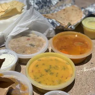 a variety of dips and condiments