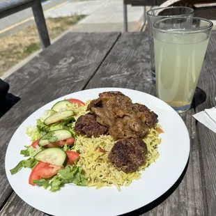 Saffron Rice with Kefta &amp; Caramelized Onions
