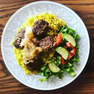 Saffron Rice with Kefta & Caramelized Onions