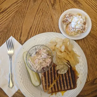 Fancy grilled tuna sandwich coleslaw sweet pickle chips and dessert What a great lunch.