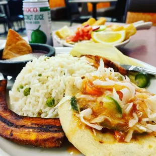 pupusa, rice, beans and plantains