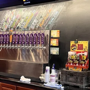 a row of beer taps