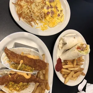 Mango fish tacos, southwest shrimp wrap and kids ham and cheese omelette