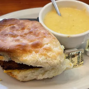 Hot Sausage Egg and Cheese Biscuit w/ Side of Cheese Grits