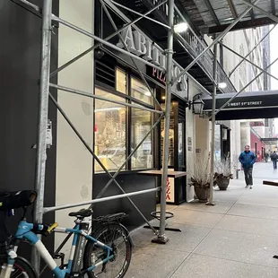 scaffolding on the outside of the restaurant
