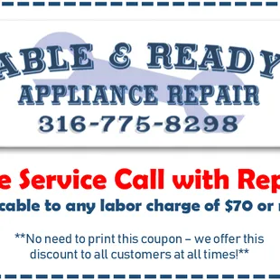 Free Service Call provided with any repair made