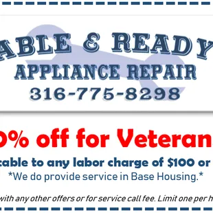 10% off for Veterans (for any repair over $100)