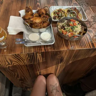Beer brined wings (buffalo), Pork belly tacos, Hangover fries