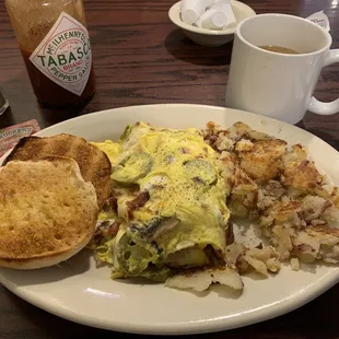 Omelette, English muffin, home fries.  Yes.  Yes.  Yes.