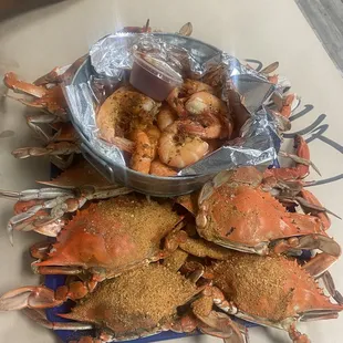 Large male crabs and shrimp