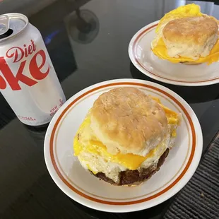 Sausage, egg, and cheese biscuit sandwiches.