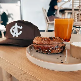 Chai, everything bagel and a fresh abode hat