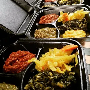 Veggie Combo (take out)
 [Red Lentils, Green Lentils, Cabbage w/ carrots and potatoes, yellow Split peas, collard greens]