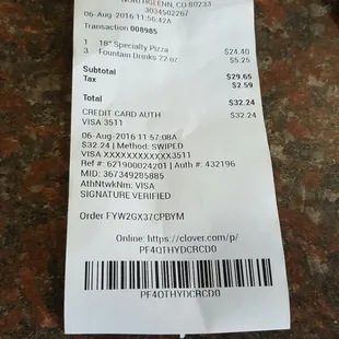 Bill for large specialty puzza and 3 drinks