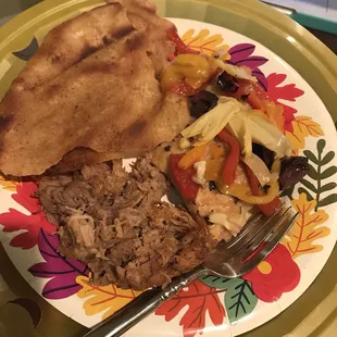 Citrus pork, Mediterranean Chicken, and Olive hummus (hidden by the fried pita
