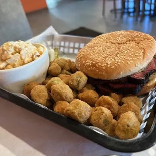 Brisket Sandwich, potato salad and fried okra