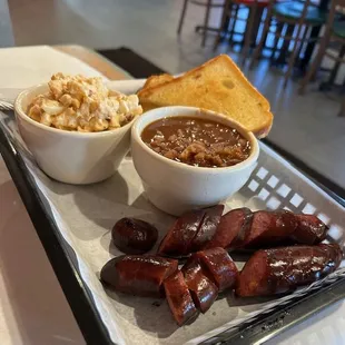 Jalapeno sausage, potato salad and Baked Beans
