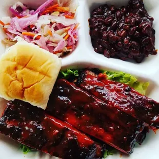 3 bone rib combo, with tangy slaw and baked beans.