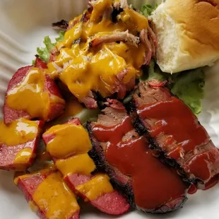 One of our 3 meat plates, with brisket, pulled pork, and hot links.