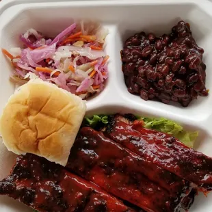 3 Rib Combo, with sides of Tangy Slaw and Baked Beans, and a roll.  $9.75!!!