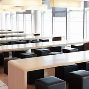 tables and stools in a cafeteria