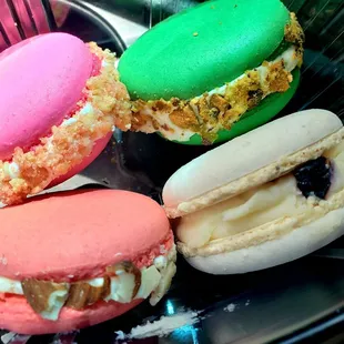Top left going clockwise: strawberry cream, pistachio, chantilly &amp; cherry almond