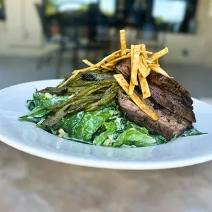 Steak salad with nopales and tortilla strips. Served with a Chimichurri dressing